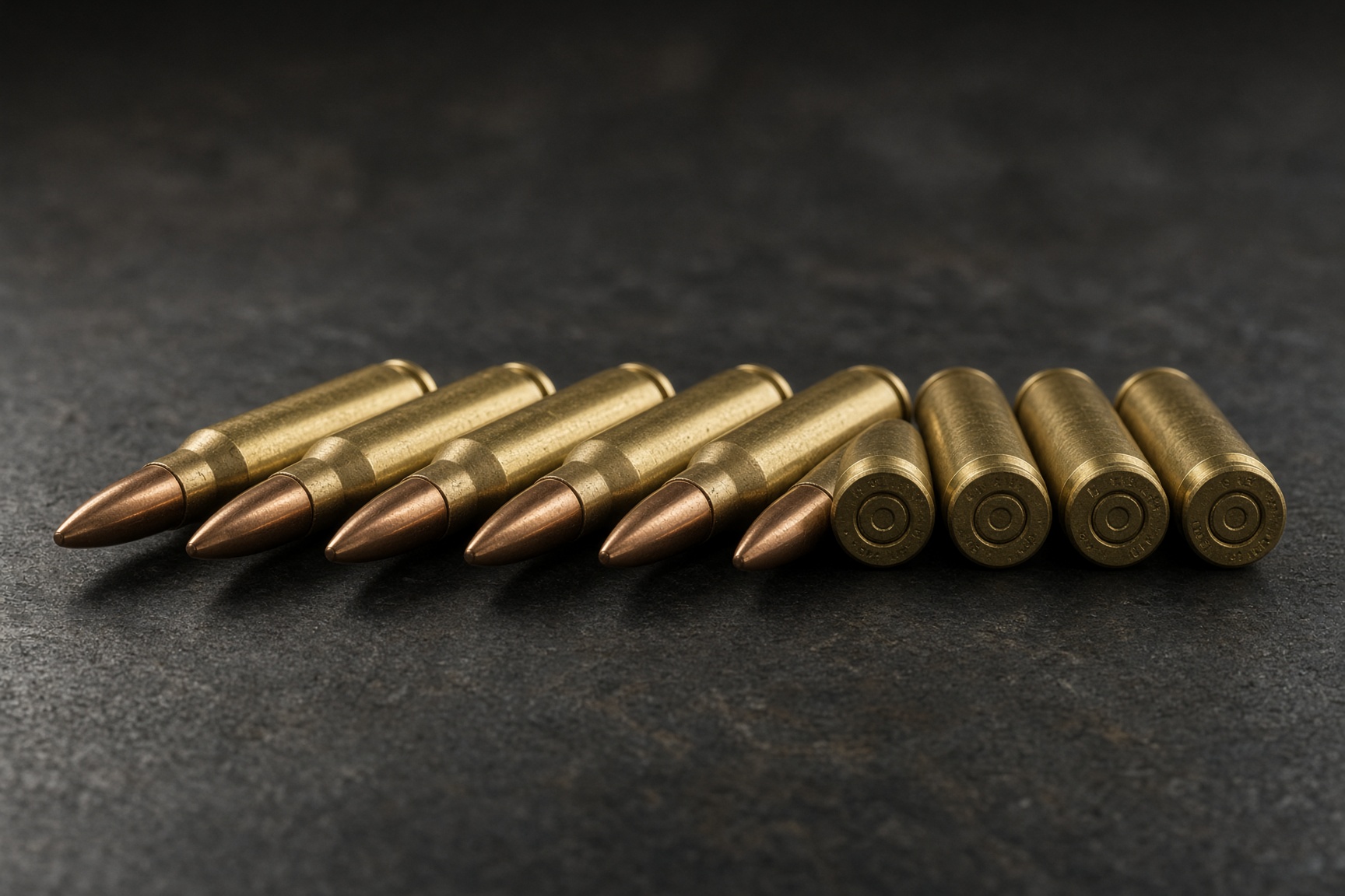 A row of brass rifle cartridges on dark steel