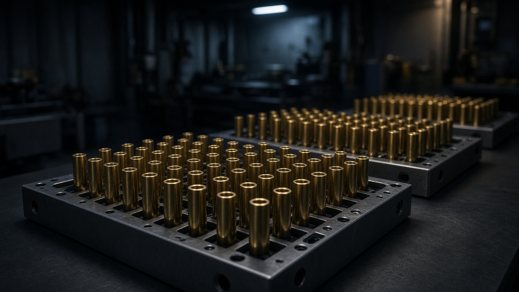Brass cartridges in trays on an ammunition inspection line
