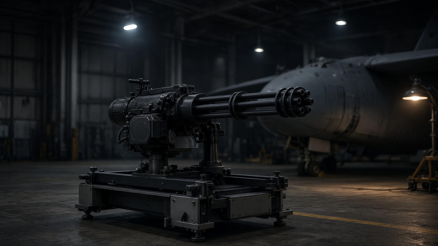 Aircraft minigun on a maintenance stand inside a hangar