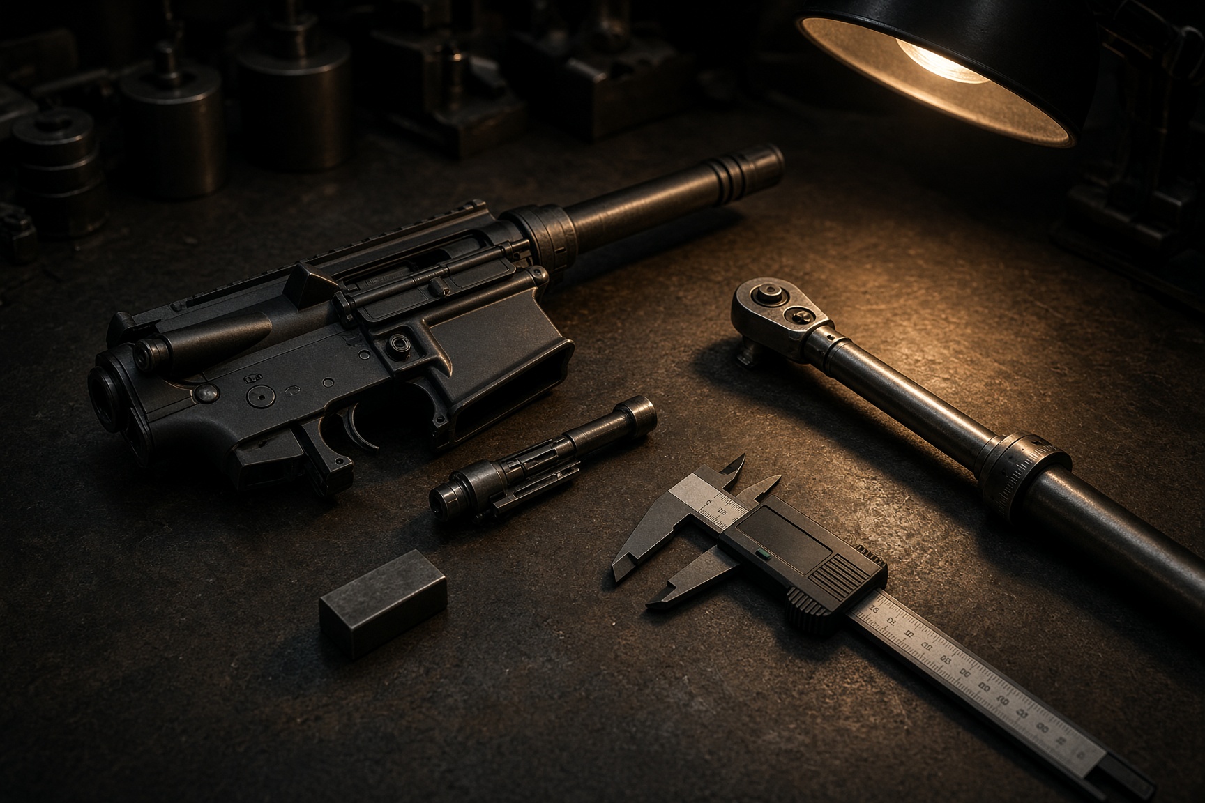 Special service weapon components on a steel bench