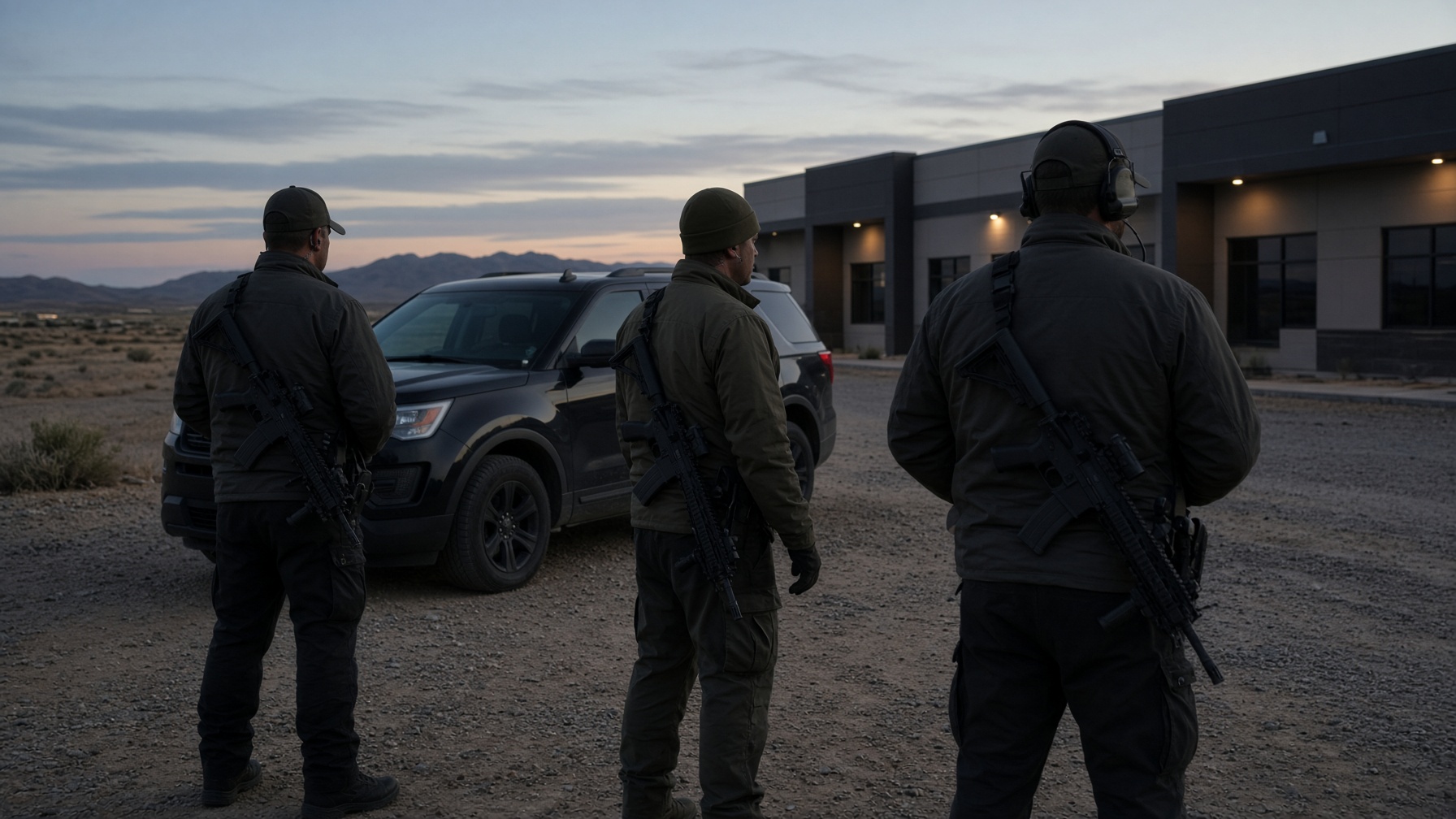 Professional armed security team at dusk, rifles slung